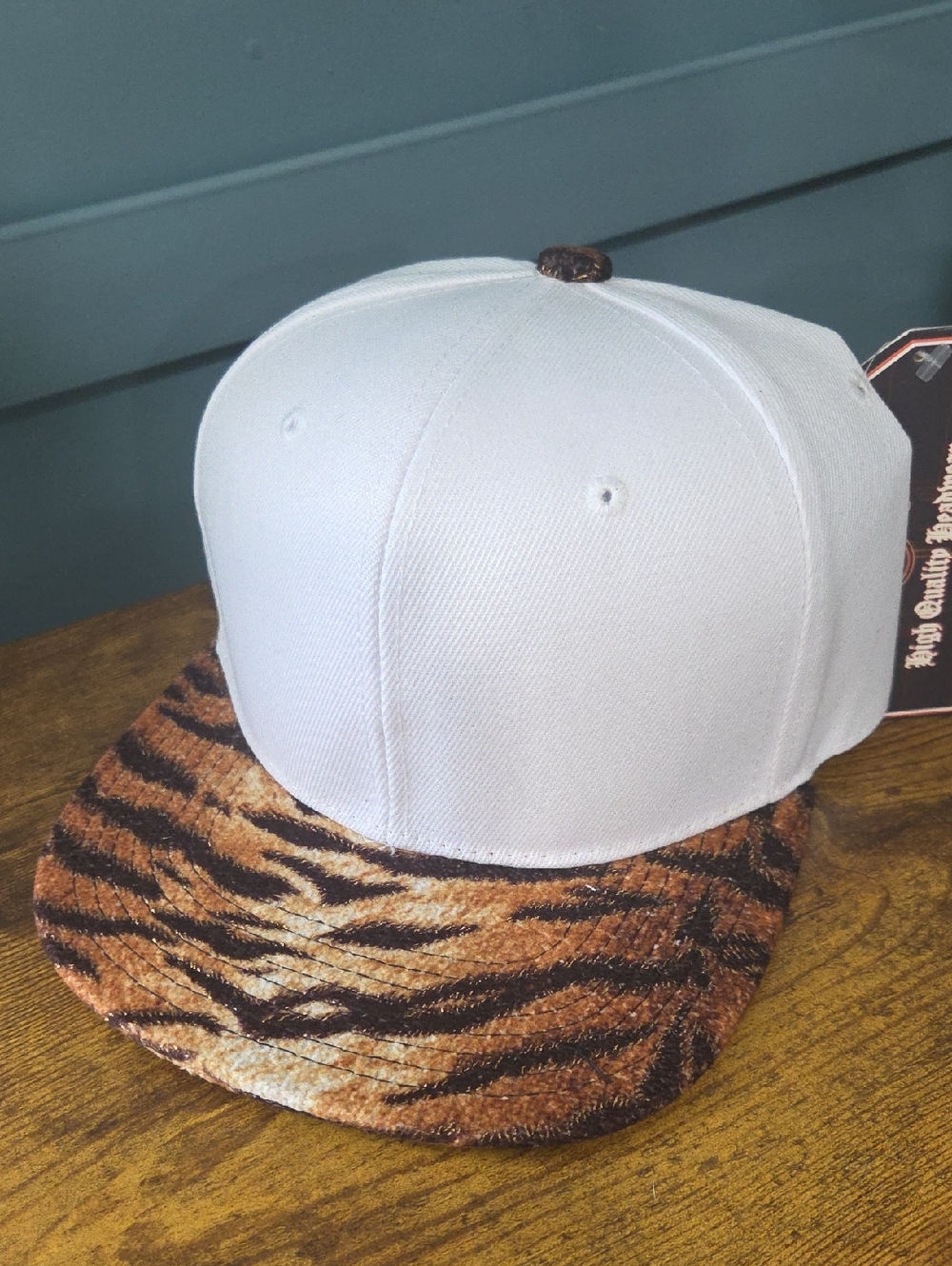 White Snapback Hat with Tiger Print Brim